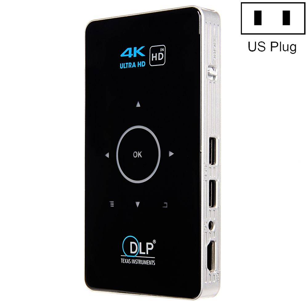 C6 1G+8G Android System Intelligent DLP HD Mini Projector Portable Home Mobile Phone Projector: US Plug (Black)