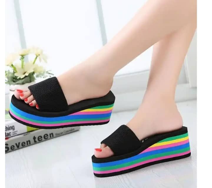 A Coloured Sole Wedge Slippers-Black