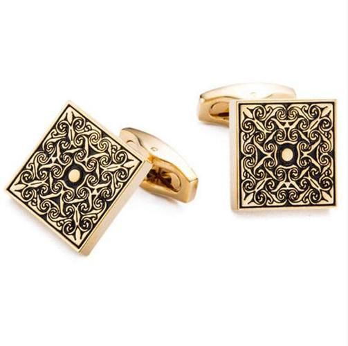 Gold Square Rose Flower Cufflinks With Blue Crystal Retro Business Cuff Links Men's Jewelry Accessory