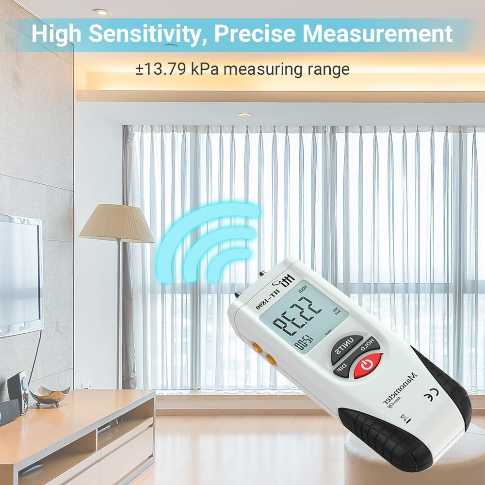 Hti LCD Mini Digital Manometer Differential Gauge Air Pressure Meter ±2Psi Data Hold 11 Units