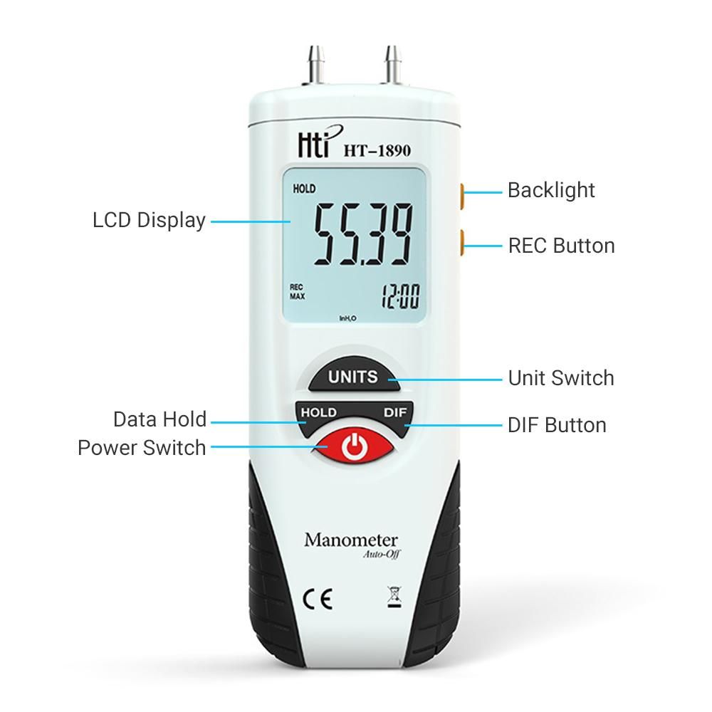 Hti LCD Mini Digital Manometer Differential Gauge Air Pressure Meter ±2Psi Data Hold 11 Units