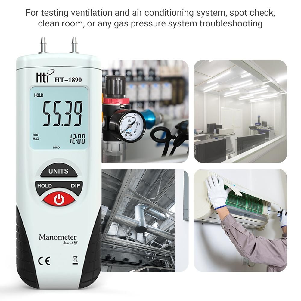 Hti LCD Mini Digital Manometer Differential Gauge Air Pressure Meter ±2Psi Data Hold 11 Units