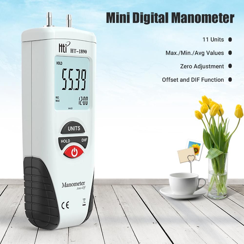 Hti LCD Mini Digital Manometer Differential Gauge Air Pressure Meter ±2Psi Data Hold 11 Units