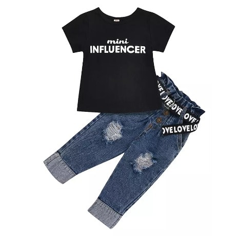 Girls Short Sleeve T-shirt And Ripped Denim Pants .