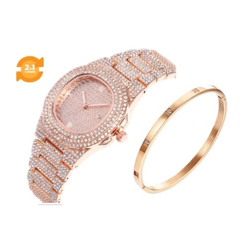 2 In 1 Iced Studded Rhinestone Unisex Wrist Watch - Rose Gold