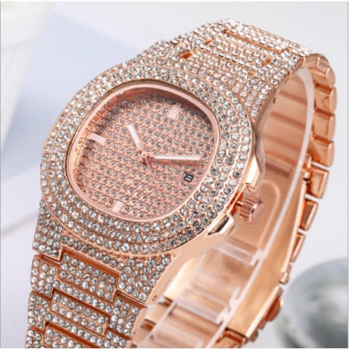 2 In 1 Iced Studded Rhinestone Unisex Wrist Watch - Rose Gold