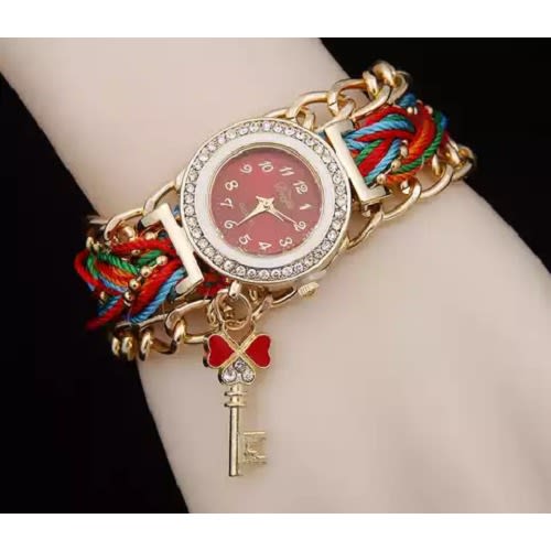 Women's Rhinestone Clover Key Pendant Braided String Bracelet Wristwatch - Mi