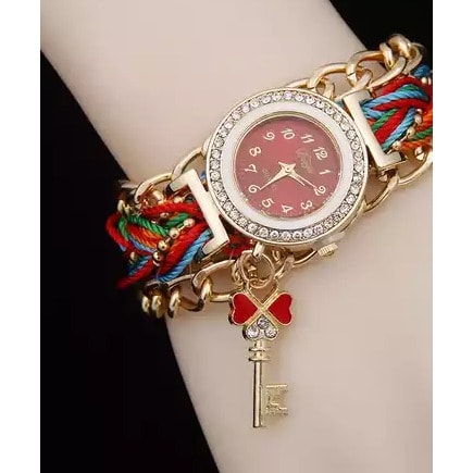 Women's Rhinestone Clover Key Pendant Braided String Bracelet Wristwatch - Mi