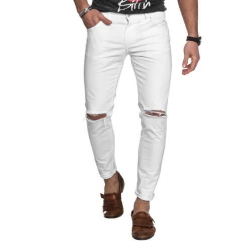 Men's Ripped Stretchy White Jeans