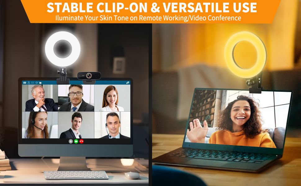 Video Conference Lighting Kit Ring Light Clip On Laptop Monitor With 5 Dimmable Color & 5 Brightness