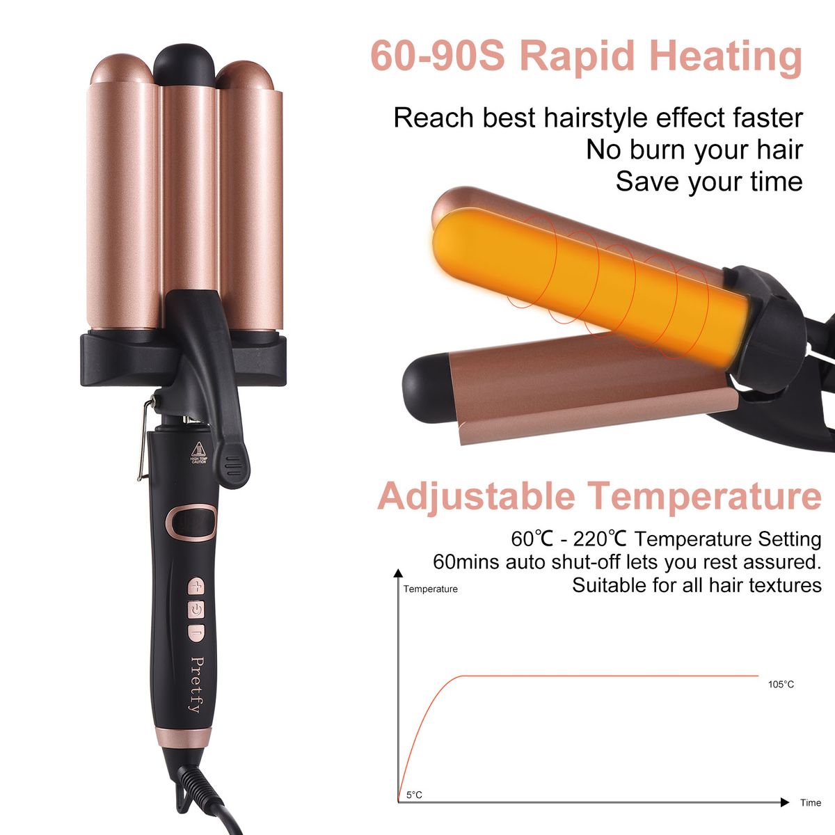 Pretfy Hair Curling Iron 3-Barrel 32mm Hair Waver Hair