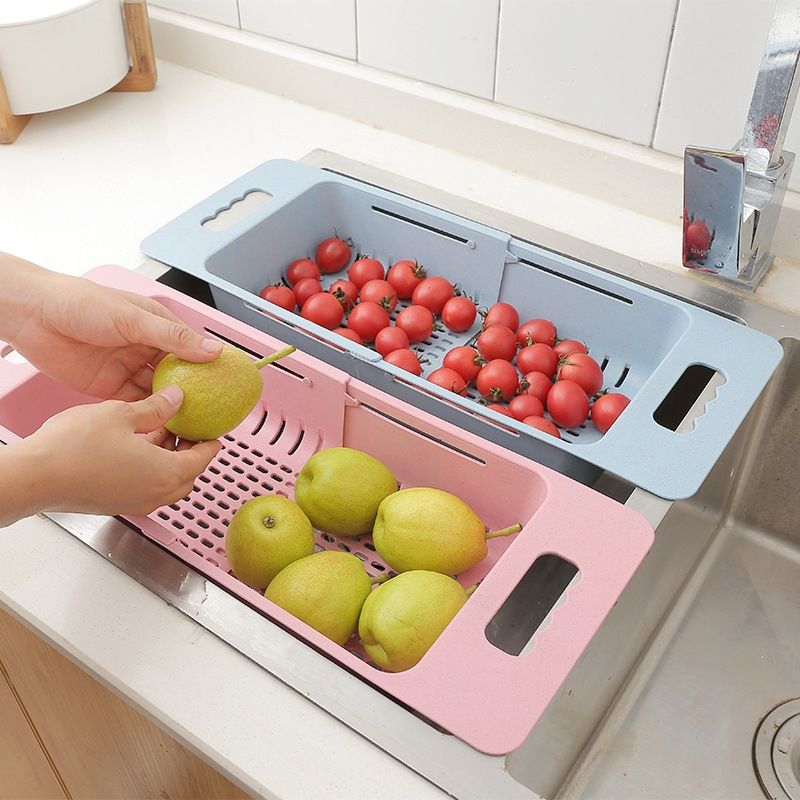 Adjustable Dish Drainer Sink Drain Basket Washing Vegetable Fruit Plastic Drying Rack(Blue)