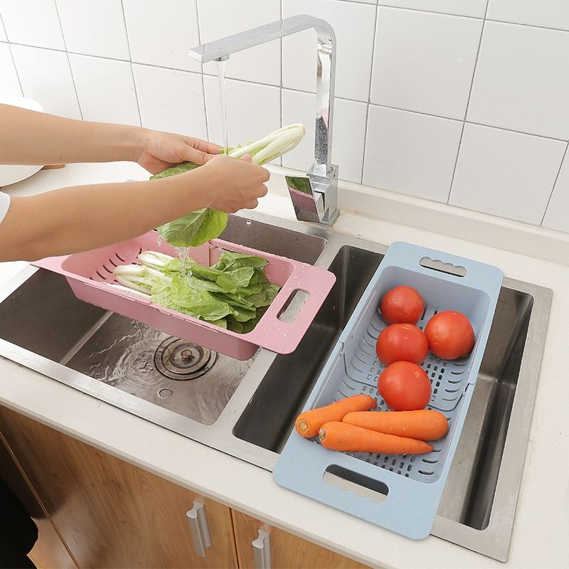 Adjustable Dish Drainer Sink Drain Basket Washing Vegetable Fruit Plastic Drying Rack(Blue)