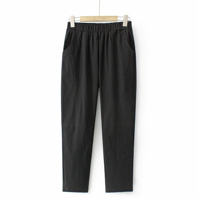 (Black)Plus Size Women's XL-5XL Elastic Waist Cotton&Linen Stretchable Long Pants Solid Color Harem Slim Female Trousers SAB