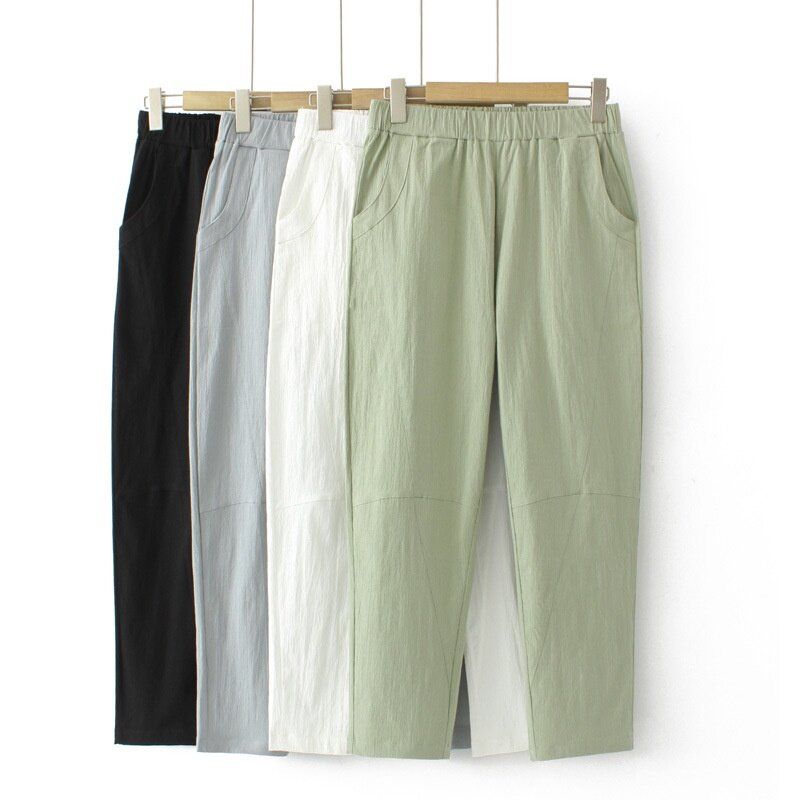 (Black)Plus Size Women's XL-5XL Elastic Waist Cotton&Linen Stretchable Long Pants Solid Color Harem Slim Female Trousers SAB
