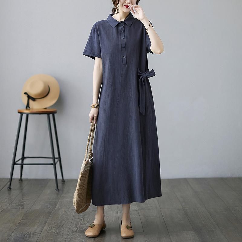 1520 Solid Cotton Hemp Large Dress Women's Polo Neck Short Sleeve Loose Pocket Casual Long Dress