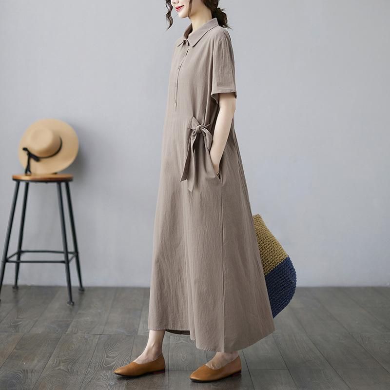 1520 Solid Cotton Hemp Large Dress Women's Polo Neck Short Sleeve Loose Pocket Casual Long Dress