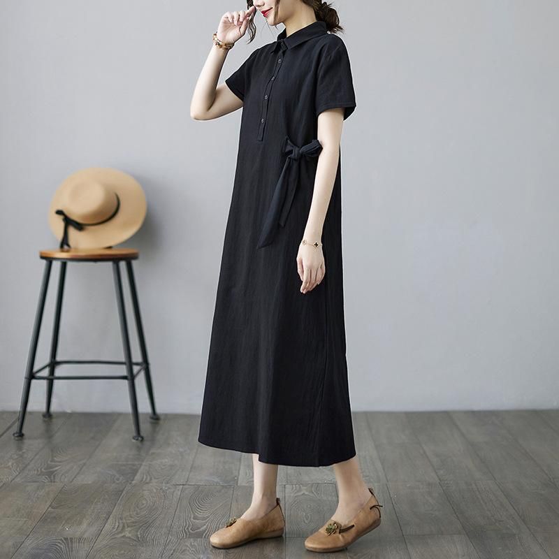 1520 Solid Cotton Hemp Large Dress Women's Polo Neck Short Sleeve Loose Pocket Casual Long Dress