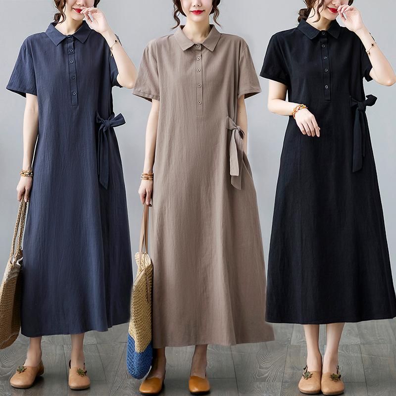 1520 Solid Cotton Hemp Large Dress Women's Polo Neck Short Sleeve Loose Pocket Casual Long Dress