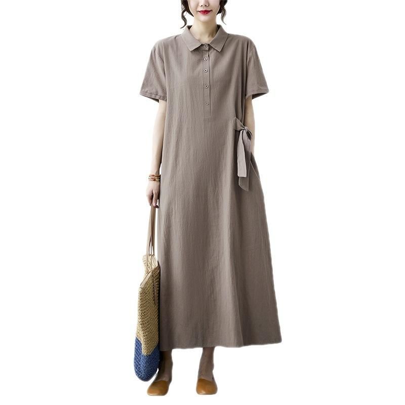 1520 Solid Cotton Hemp Large Dress Women's Polo Neck Short Sleeve Loose Pocket Casual Long Dress