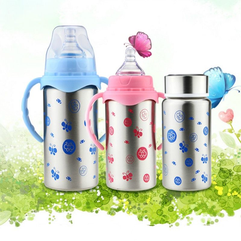 240/300ml One Feeding Bottle With Three Use-method S M L Stainless Steel Thermos Bottle Baby And Children Water Milk Vacuum Cup