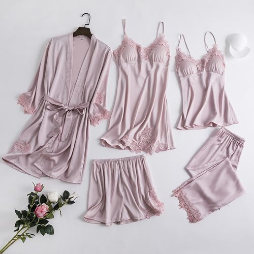 Bride Wedding Robe Suit Sexy Ladies' Sleepwear Kimono Bathrobe Gown Summer New Lace Trim Intimate Lingerie Mini Nightgown（#Red 5PCS D）
