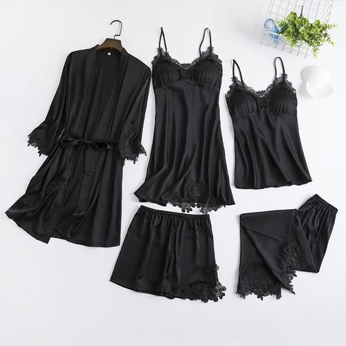 Bride Wedding Robe Suit Sexy Ladies' Sleepwear Kimono Bathrobe Gown Summer New Lace Trim Intimate Lingerie Mini Nightgown（#Red 5PCS D）