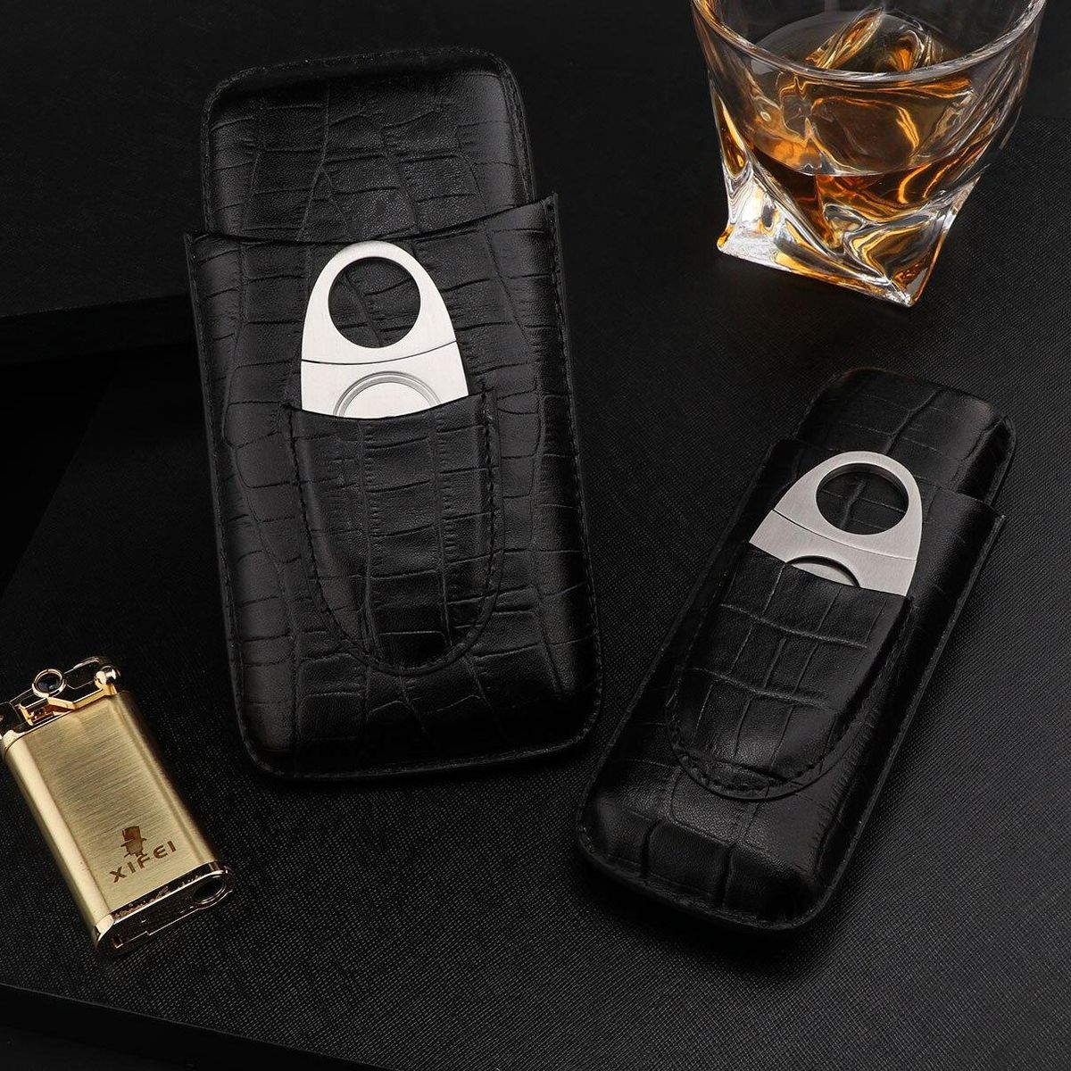 Leather PU  3 Slots Cigar Case Set Portable Humidor Box W/ Stainless Steel Cutter Travel Smoking cigarrette Storage Accessories