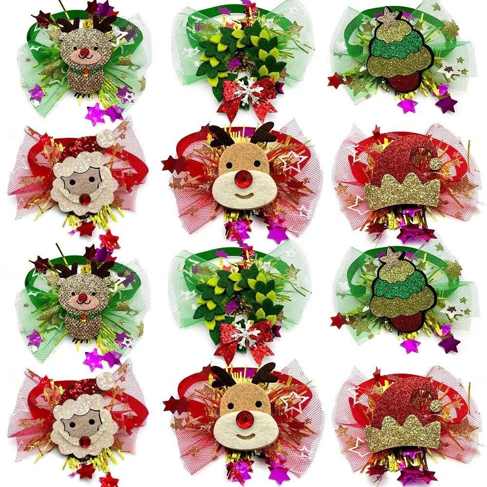 50pcs Christmas Pet Bow Tie Small Dog Neckties Cat Puppy Xmas Party Holiday Decorations Bowties Adjustable Dog Collar Grooming