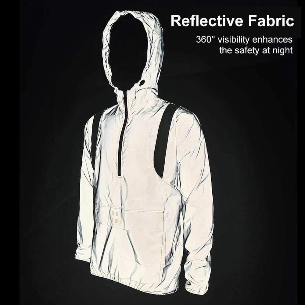 Men Reflective Cycling Jacket Windproof Hooded Bike Jacket Coat for Running Hiking Walking Night Safety Jacket