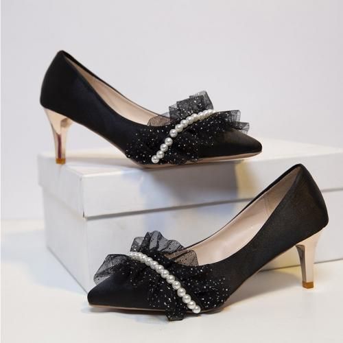 Ladies Classic Simple Pointed High Heels Pearl Shoes-black