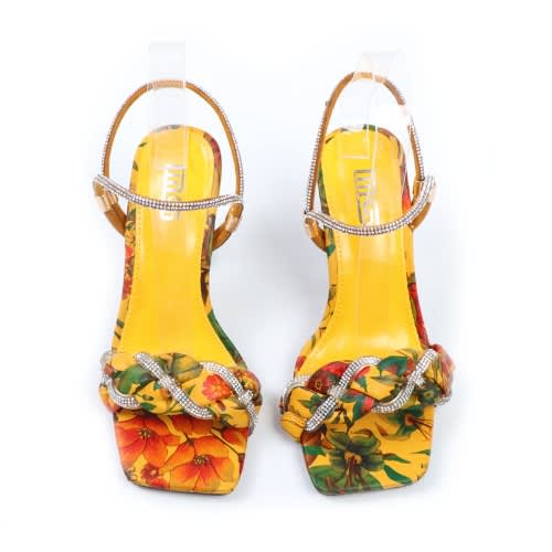 Floral Block Heel Studded Sandals- Yellow