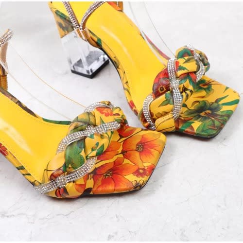 Floral Block Heel Studded Sandals- Yellow