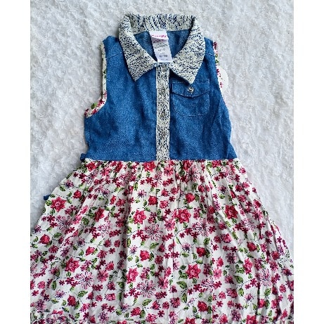 Sleeveless Denim Floral Print Hem Low Dress