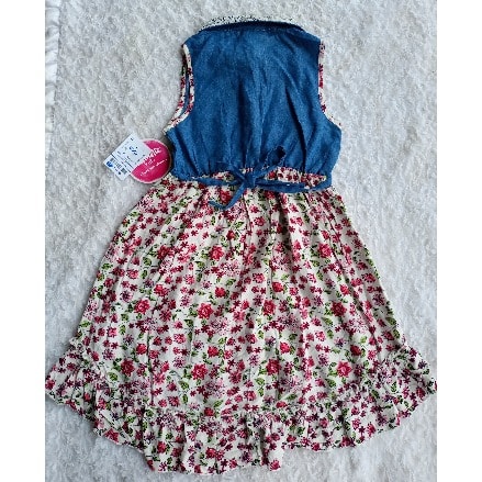 Sleeveless Denim Floral Print Hem Low Dress