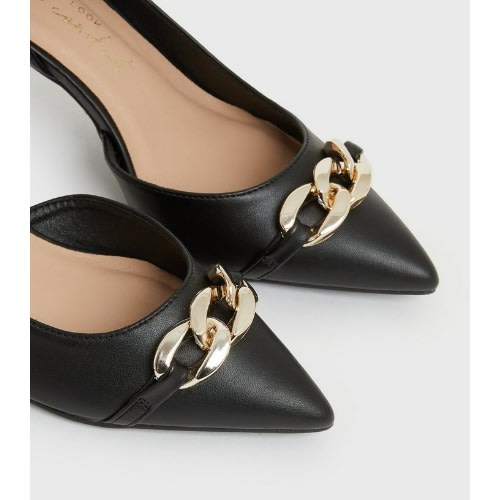 Chain Trim Stiletto Heel - Court Shoes - Black
