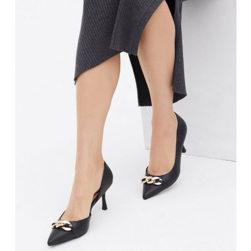 Chain Trim Stiletto Heel - Court Shoes - Black