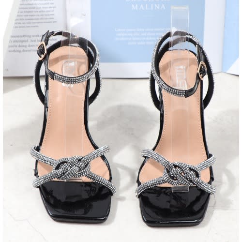 Glass Heeled Stone Studded Sandals - Black