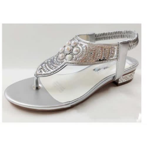 Pearl Detail Thong Leather Silver Sandal
