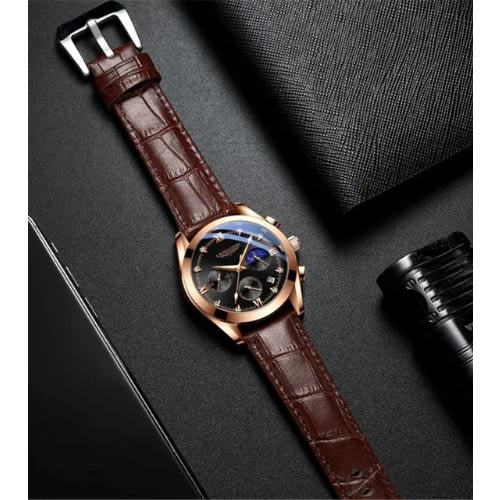 Men Leather Strap Causal Wristwatch - Brown