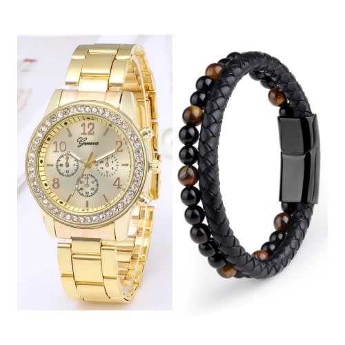 2 In 1 Rhinestone Unisex Wrist Watch With Bracelet - Gold