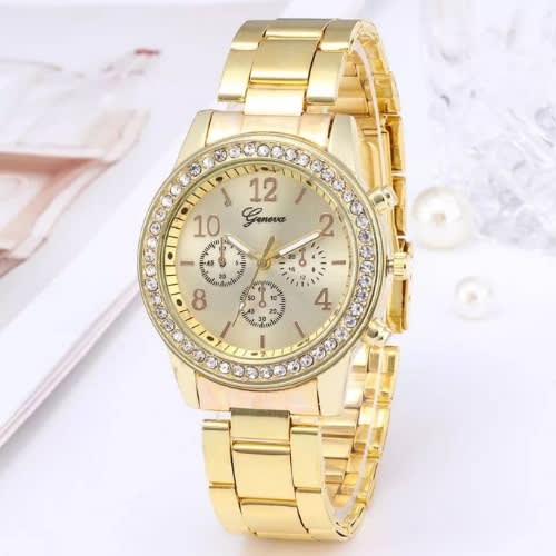 2 In 1 Rhinestone Unisex Wrist Watch With Bracelet - Gold
