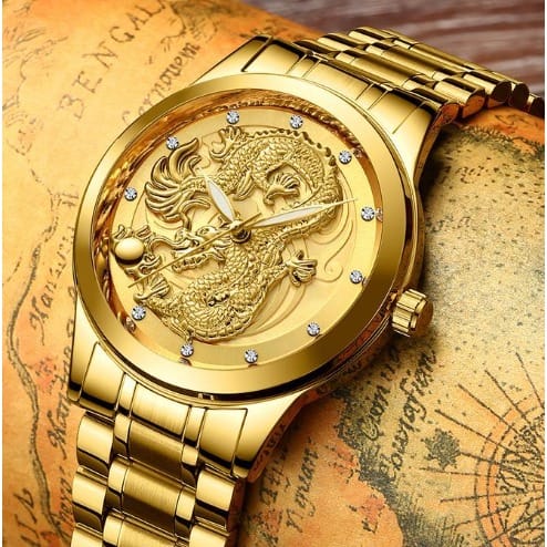 Men's Dragon Diamond Casual Waterproof Quartz Watch - Gold