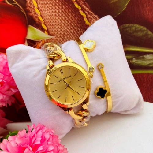 Golden Wrist Watch + Designer Bracelet Plus Free Earrings