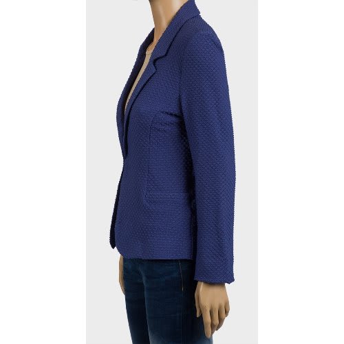 Ladies Step Collar Textured Blue Long Sleeve  Blazer