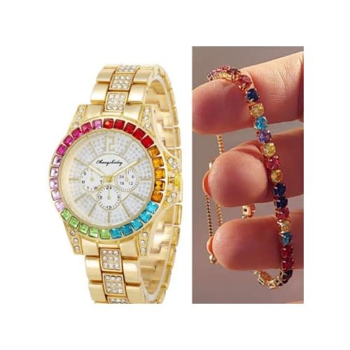 Unisex multicolor rhinestone Wristwatch with bracelet-Gold