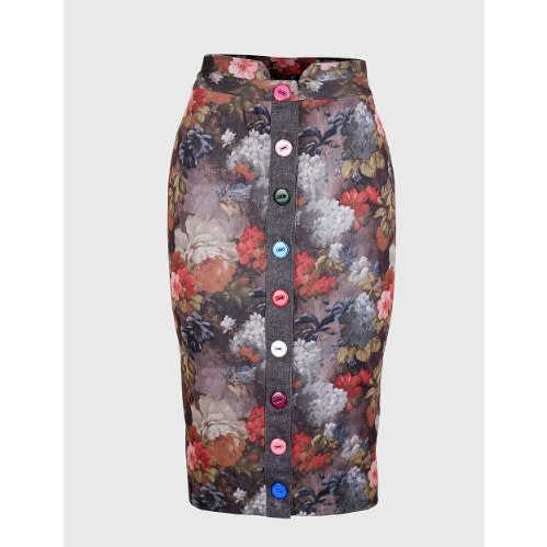 Flowery Adjustable Button Skirt - Multipurpose - Grey