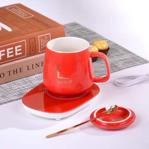 Ceramic Electric Heating Mug And Saucer - Red