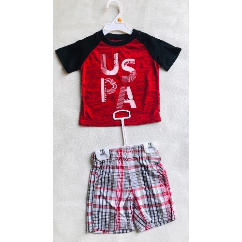 Boys Tshirt And Short Set- Red Check