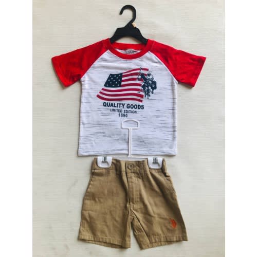 Boys Tshirt And Short Set- Beige And Red